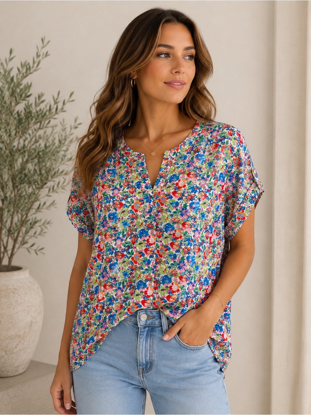 Vibrant Floral Split-Neck Blouse - Blue Multi